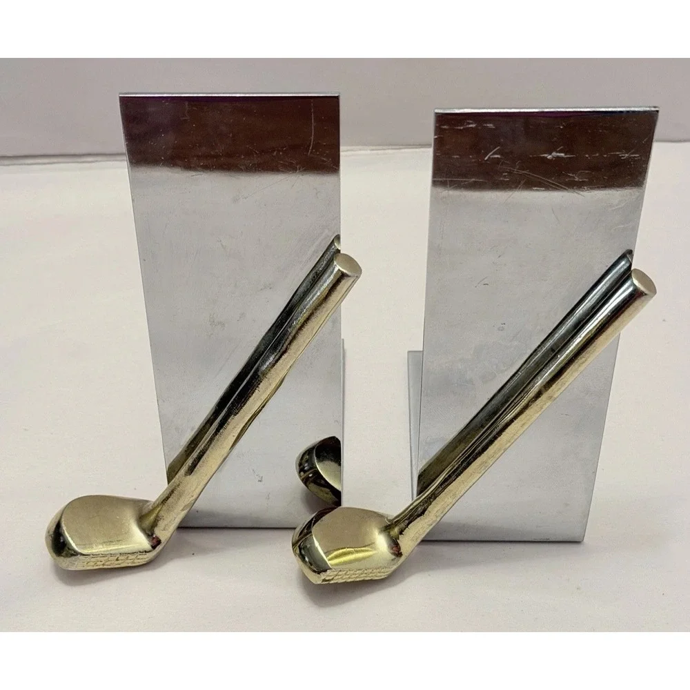 VTG MCM Chrome Golf Club Bookends Office Decor Silver Gold Metal Pair Retro Mod